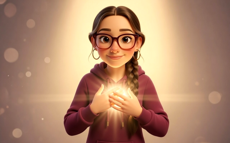 Une femme avec des lunettes, les cheveux tressés, a les mains sur le coeur avec de la lumière dorée qui rayonne.