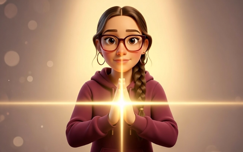 Une femme avec des lunettes, les cheveux tressés, expression chaleureuse, à les mains jointes et une croix lumineuse et dorée brille.