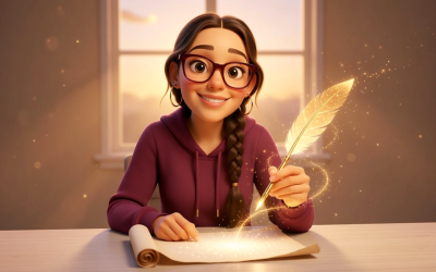 Une femme avec des lunettes, les cheveux tressés, expression chaleureuse, est assise à un bureau avec avec une plume dorée dans la main droite et un parchemin devant elle, il y a une fenêtre à l'arrière-plan.