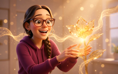 Une femme avec des lunettes, les cheveux tressés, souriante semble communiquer et donner de l'énergie lumineuse à une fleur dorée semi-transparente.