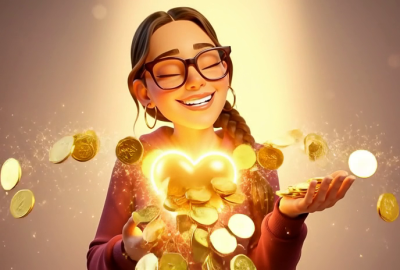 Une jeune femme souriante avec des lunettes et une tresse, vêtue d'un hoodie pourpre, pointe son index gauche vers le haut et un rayon lumineux doré traverse l'image.