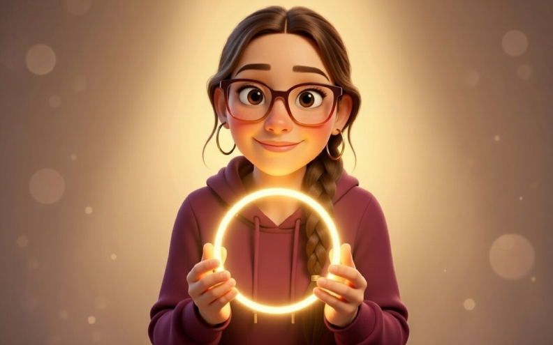 Une femme avec des lunettes, les cheveux tressés, expression chaleureuse, tient un cercle lumineux entre le mains.